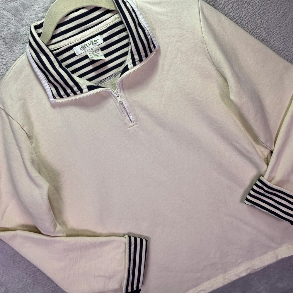 Orvis Women Pullover Sz S Cream Striped Quarter Zip Nautical Coastal Sweatshirt